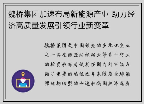 魏桥集团加速布局新能源产业 助力经济高质量发展引领行业新变革